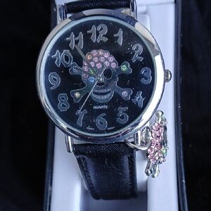 Black Skull Quartz Watch with Pink Accents